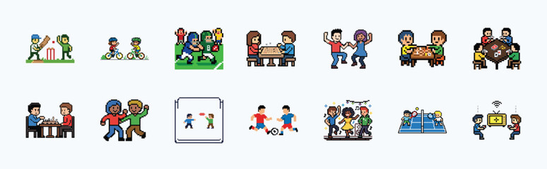 Obraz premium Recreational sports and board games pixel art set for leisure and competition activities.