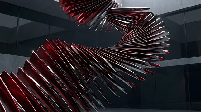 Abstract sculpture featuring a spiraling metallic red structure suspended in a dark modern architectural interior space