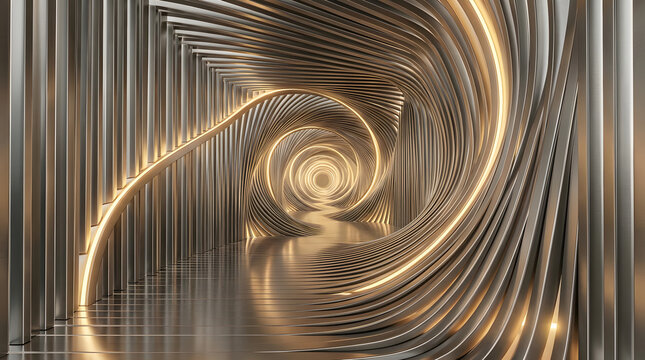 Abstract digital art featuring a swirling golden vortex of light creating a hypnotic tunnel effect with metallic textures