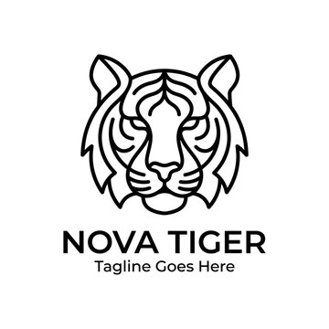 Modern black and white feline face icon using bold geometric line art.