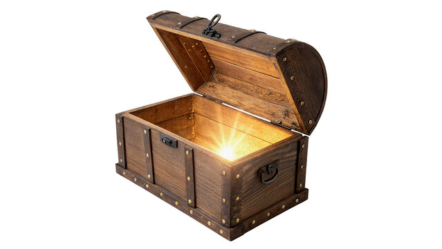 Ancient wooden metallic treasure chest box with glowing inside isolated on transparent background cut out
