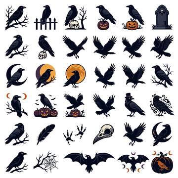 Halloween, Spooky Halloween crow and raven vector icons, gothic black bird silhouettes with skulls and pumpkins, 36 mystical dark corvid illustrations isolated on White Background