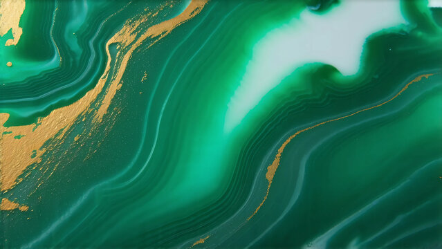 Luminous emerald agate and white jade texture with shimmering gold leaf