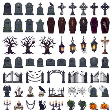 Halloween, Gothic Halloween cemetery vector set, spooky graveyard icons with tombstones and coffins, 60 dark funeral elements for horror design isolated on White Background