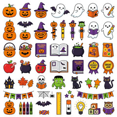 Fototapeta premium Halloween, Cute Halloween school supplies and stationery vector set, spooky classroom icons with pumpkins and ghosts, educational autumn clip art collection isolated on White Background