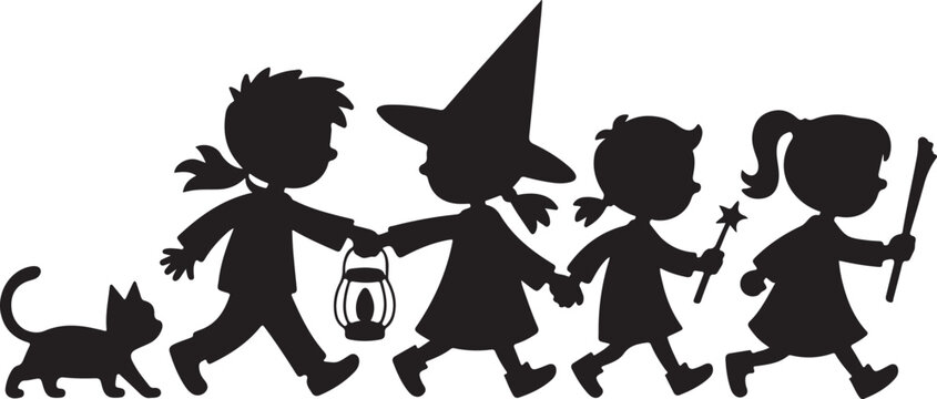 Children and witch trick or treating with jack o lantern