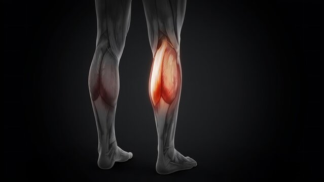 Medical visualization of human lower leg muscle strain or calf injury