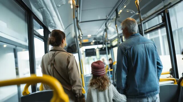 Three people, including a child, ride a city bus, highlighting eco friendly urban mobility and family connection. The image captures everyday life and sustainable transport trends