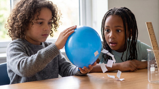 Students examine the effects of static charge as a blue balloon attracts pieces of white paper during a science lesson in the classroom.