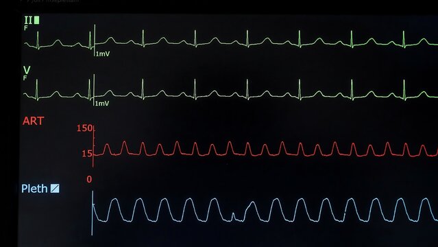 Heart monitor displaying ecg waveforms in hospital intensive care unit
