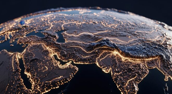 Illuminated Earth at Night with Glowing City Lights.