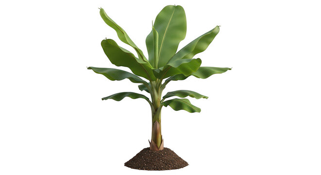 Small green banana tree plant growing from a pile of rich dark brown garden soil isolated on transparent background