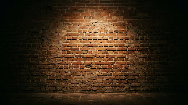 Rustic dark brick wall texture background with center spotlight illumination background spotlight lighting industrial abstract construction interior exterior backdrop building material