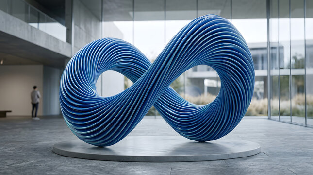 A large blue infinity symbol sculpture displayed inside a modern office building with glass walls and concrete floors