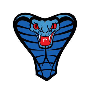 Blue Cobra Emblem: A stylized blue cobra head with striking red eyes and an open mouth, featuring its distinctive hood flared, presented as a powerful emblem.
