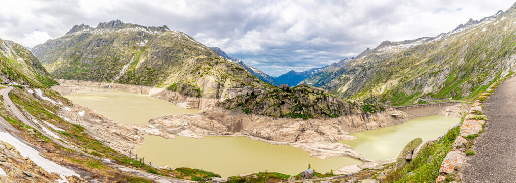 Panoramic view at the lakes of Grimselpass in Switzerland