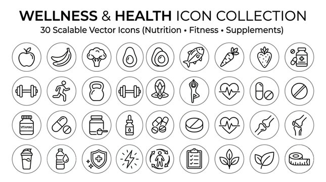 Wellness icons array showcases a comprehensive collection of circular vector symbols focusing on nutrition, fitness, holistic health, and dietary supplements within a clean and modern design scheme.