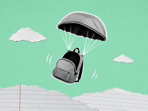 Backpack flying with parachute over torn paper landscape for school readiness transition and student support concept