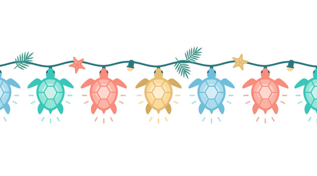 Sea turtle string lights decorate a festive banner with starfish and tropical foliage on a white background.