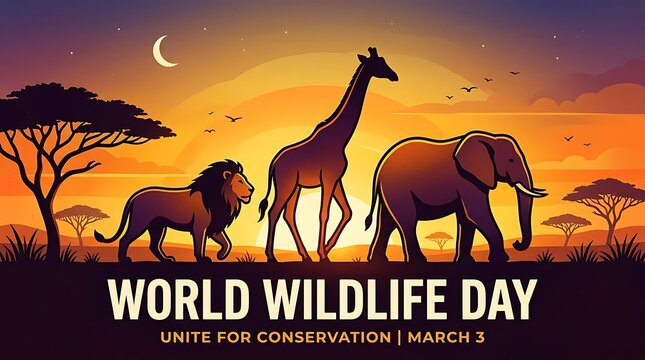 World wildlife day conservation concept with african animals at sunset, wildlife
