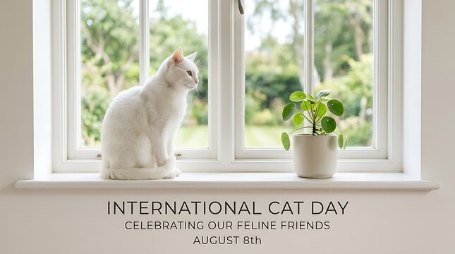 International cat day white cat sitting on window sill with houseplant, domestic