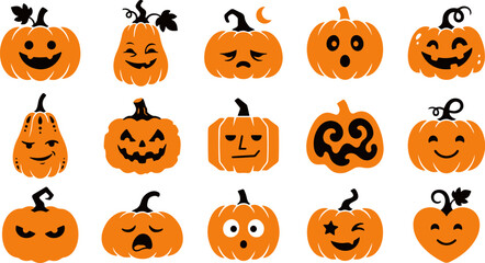 Fototapeta premium Festive halloween pumpkins diverse jack o' lantern faces for spooky season designs