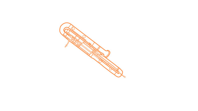 A glowing orange line art illustration of a contrabassoon musical instrument angled diagonally