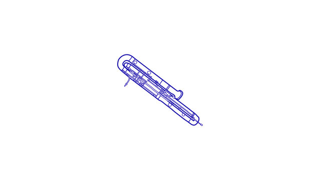 A glowing blue line art illustration of a contrabassoon musical instrument angled diagonally