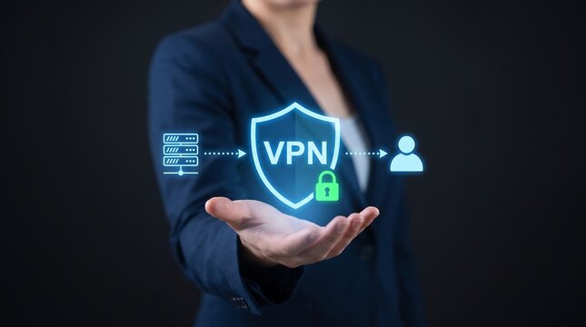 Business woman presenting virtual private network interface for secure remote access and encrypted data protection in professional corporate digital technology business setting