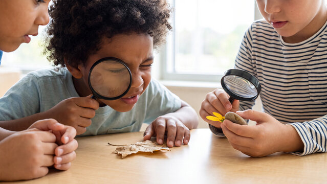 Young students use handheld magnifying glasses to closely inspect a dried leaf and a small yellow flower on a wooden table during a nature study lesson.