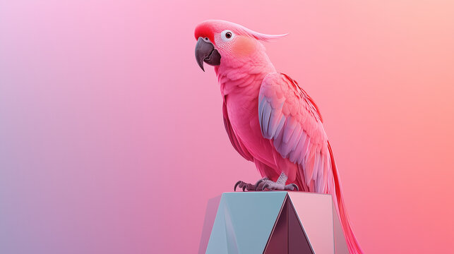 Ai Pink parrot sitting on a geometric figure against a colorful background