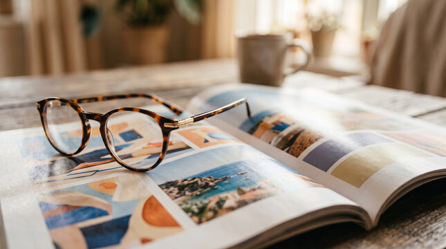 Tortoiseshell reading glasses resting on an open magazine on a wooden table