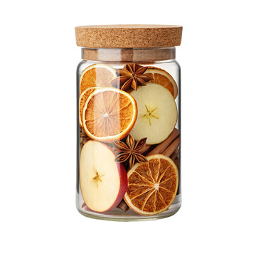 Glass storage jar with cork stopper containing dried orange slices cinnamon sticks and star anise for kitchen label