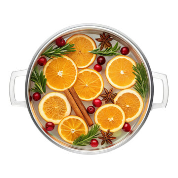 Glass simmer pot filled with citrus slices cinnamon sticks cranberries and rosemary for natural home fragrance campaign