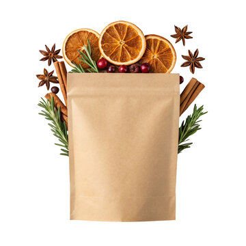 Kraft paper pouch mockup with dried orange slices cinnamon and rosemary arrangement for spice packaging branding layout