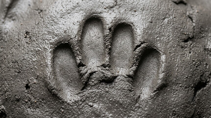 Deep handprint with visible fingerprints pressed into wet grey clay © galam
