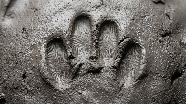 Deep handprint with visible fingerprints pressed into wet grey clay
