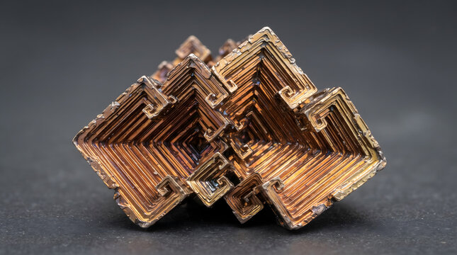Macro photograph of a metallic golden bronze bismuth crystal specimen displaying a complex geometric staircase hopper structure on a dark background