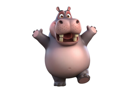 Cute cartoon hippopotamus waving hands and smiling with a happy expression isolated on transparent background