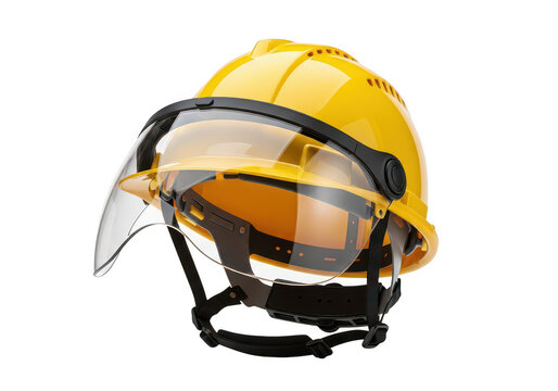 Yellow construction hard hat with a clear protective face shield for safety gear isolated on transparent background