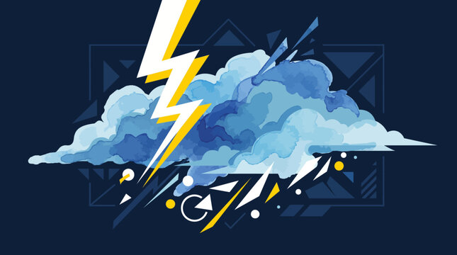 Dramatic Watercolor Lightning Bolt Striking Through Blue Storm Clouds. Energy and Power Illustration