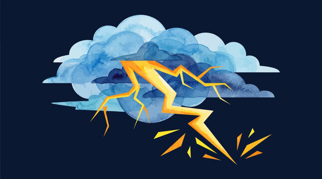 Dramatic Watercolor Lightning Bolt Striking Through Blue Storm Clouds. Energy and Power Illustration