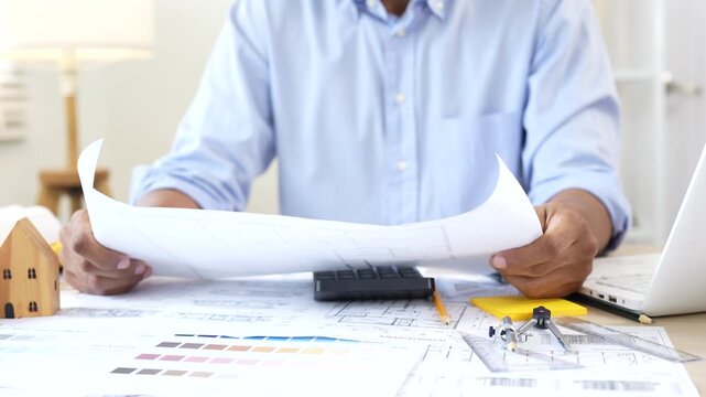 Architect reviewing construction plans at a modern office desk with blueprints, laptop, and engineering tools for a building project.