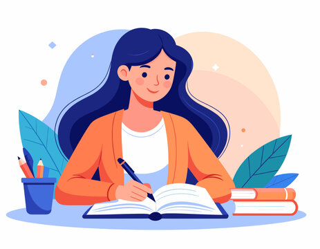 Young woman writing notes in a notebook at her desk with books and stationery