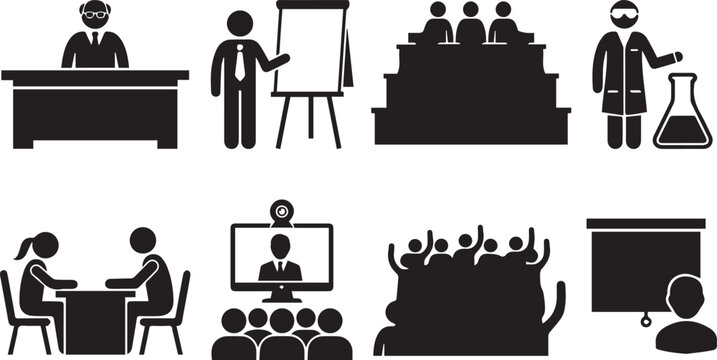 Set of black depicting university instruction, including professors, students, classroom settings, and remote learning scenarios
