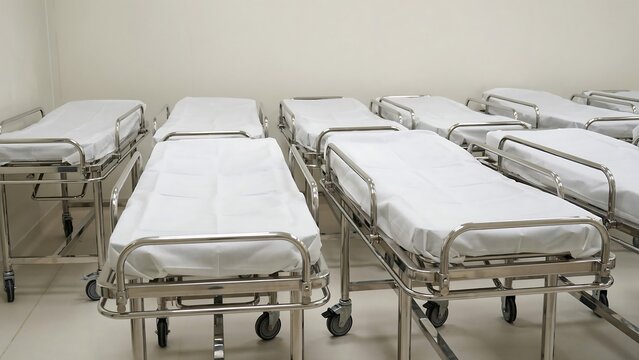 Row of empty metal hospital stretchers prepared for patients in room