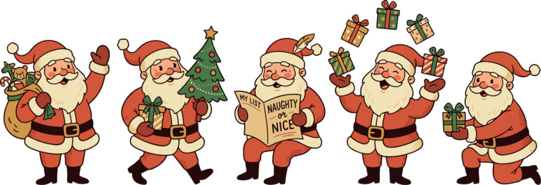 Vintage Cartoon Santa Claus Character Vector Set with Juggling Gifts, Naughty or Nice List, Christmas Tree, and Toy Sack Illustrations for Holiday Designs