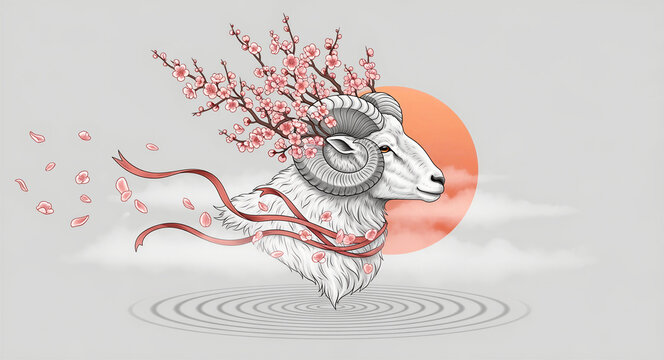 White ram illustration with cherry blossom branches for horns. Serene composition with a red sun, ribbons, and falling petals. Symbolic Chinese zodiac art for Lunar New Year and spring themes.
