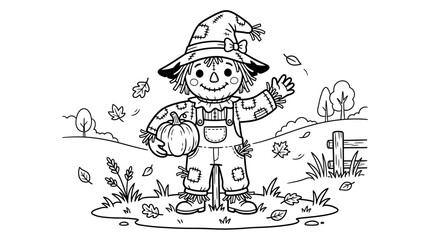 Fototapeta premium Cute scarecrow coloring page for kids, friendly autumn scarecrow holding pumpkin, fall harvest landscape line art vector illustration isolated on White Background