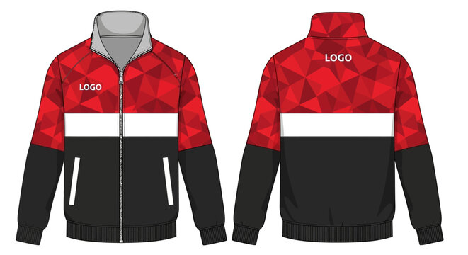 Vector illustration of a modern athletic track jacket with a front zipper, ribbed collar, and cuffs. Sporty outerwear design isolated on white background for apparel fashion templates.